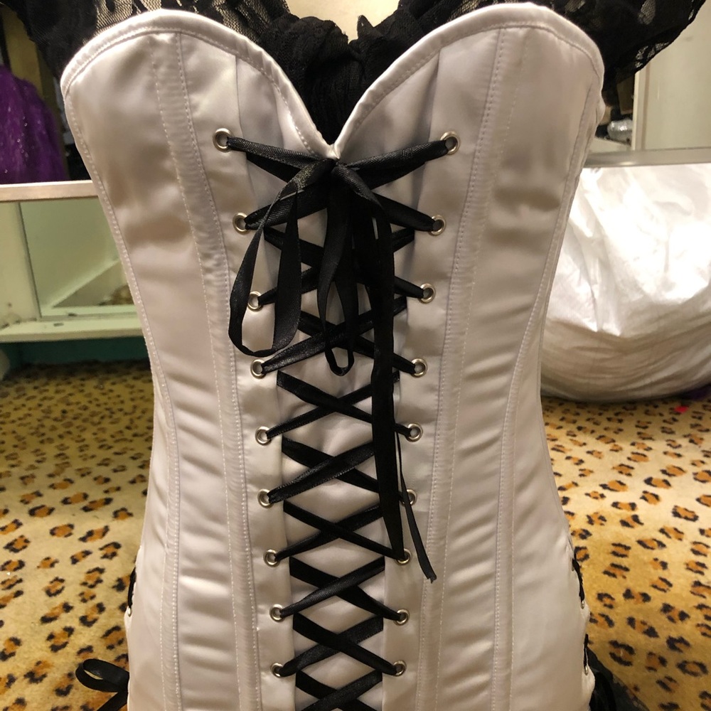 Small, black and white, steel boned, Top Drawer corset